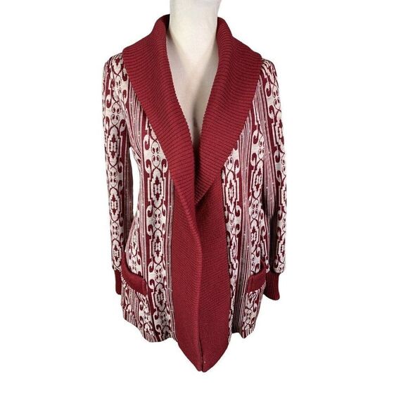 Vtg 1950s Dimonelli Maroon Geo Print Open Front Cardigan M Ribbed Pockets Prop - Picture 1 of 12